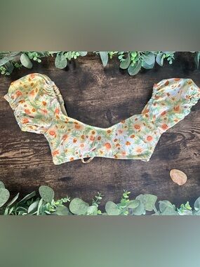 wild fable Floral Daisy Off-Shoulder Bikini Top in Light Green and Orange